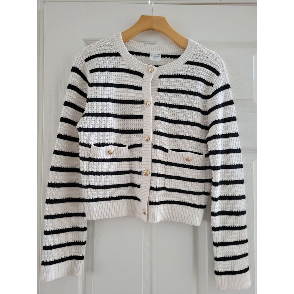 Abercrombie kids white blue stripe cardigan jacket size 13/14 Collarless Preppy
